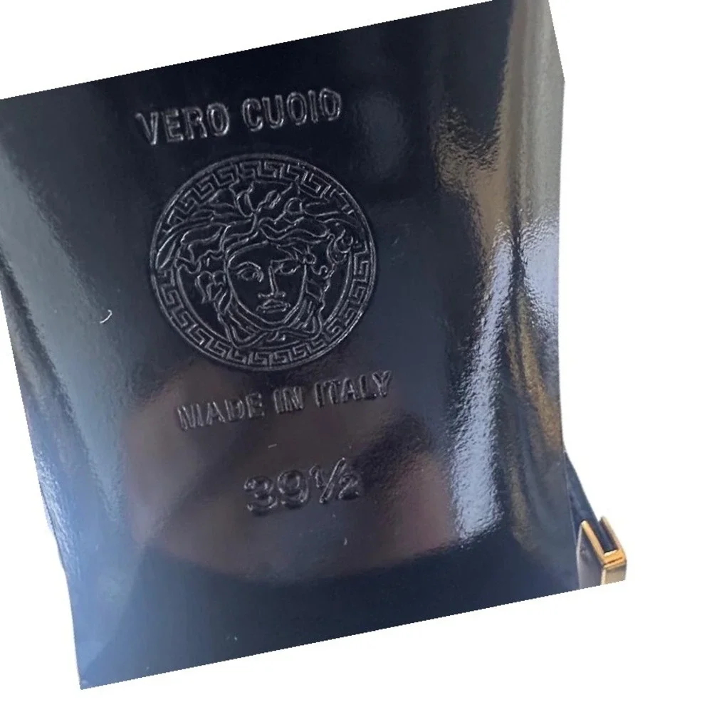 Versace Women's Black Leather Gold Buckle Studded Tall Boots 39.5 Made in‎ Italy